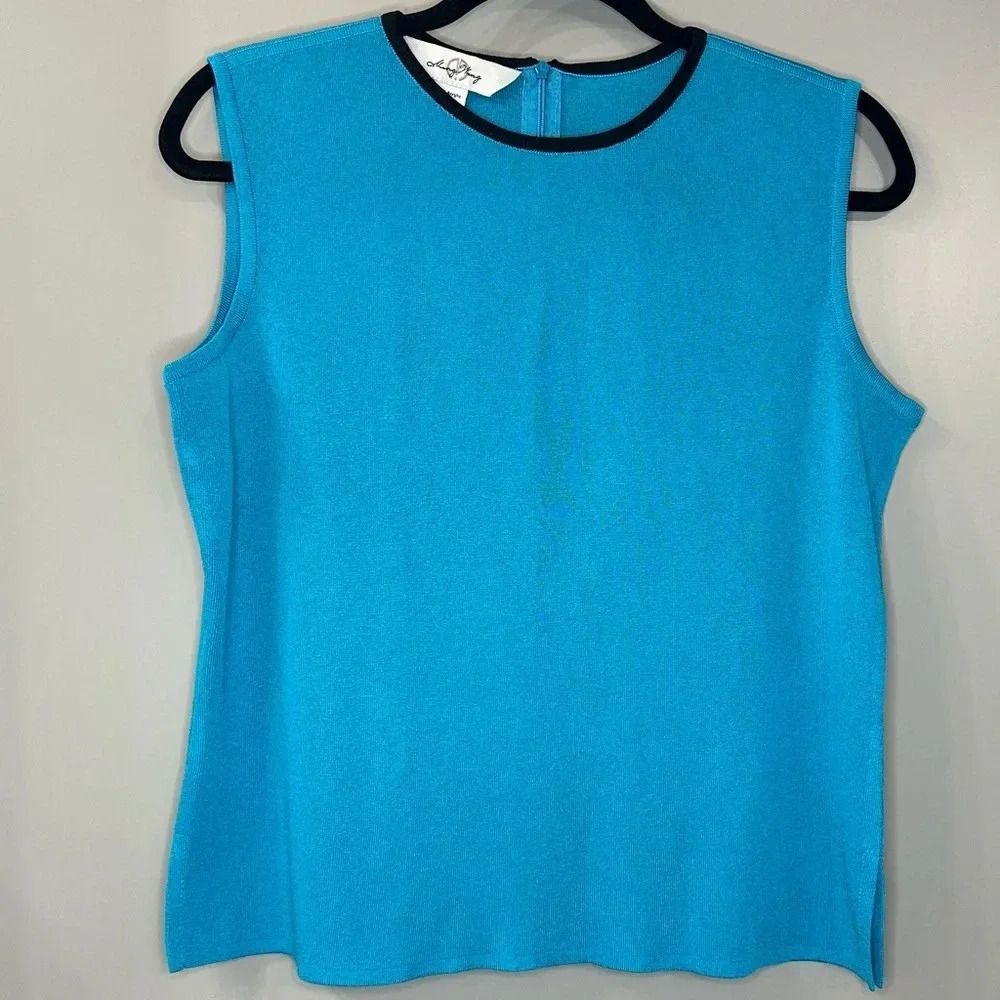 Ming Wang Slinky Knit Tank Top Turquoise Blue Round Neck Pullover Shirt Size M